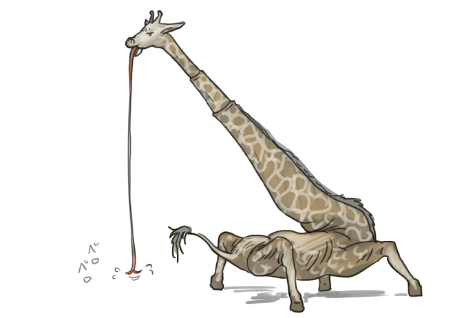 クレーン車にキリンの柄が塗られてるのを見て動物化したらと思って描いた絵　キショいな