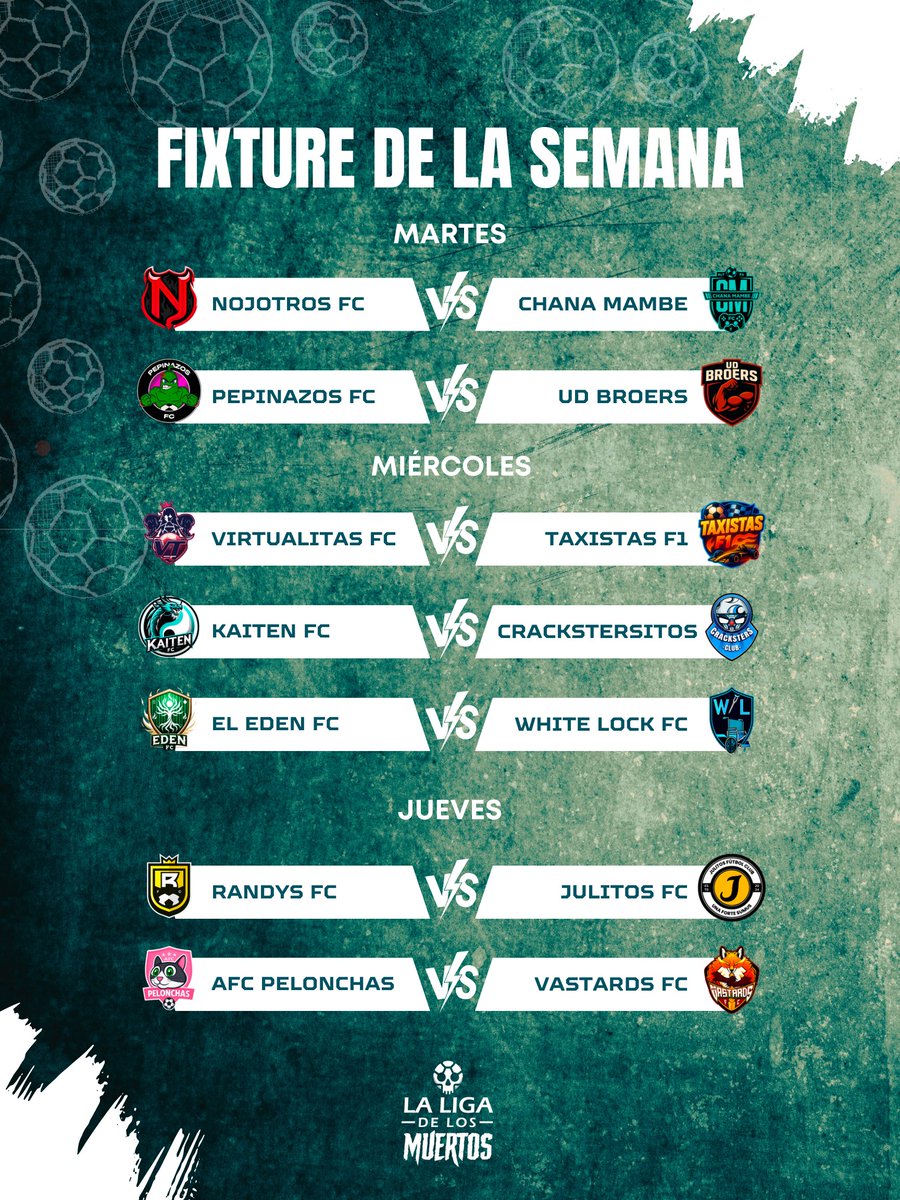 Comenzamos con la segunda semana de la liga de los muertos y aquí les dejamos el fixture de la semana 💀

¿Qué equipo creen que sorprenderá esta semana?