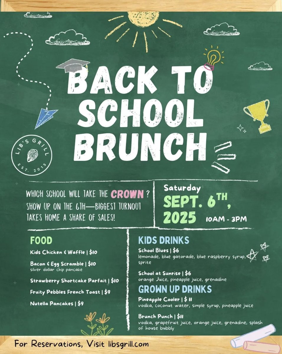 LibsGrillML's tweet image. ✏️🍎 Back to School Brunch at Lib’s Grill – Sept 6! 🎉
Bring your school spirit 📚 The school with the biggest turnout wins a share of sales 🙌
✨ Adult cocktails, kids’ drinks &amp;amp; Fruity Pebbles French Toast! Don’t miss it!