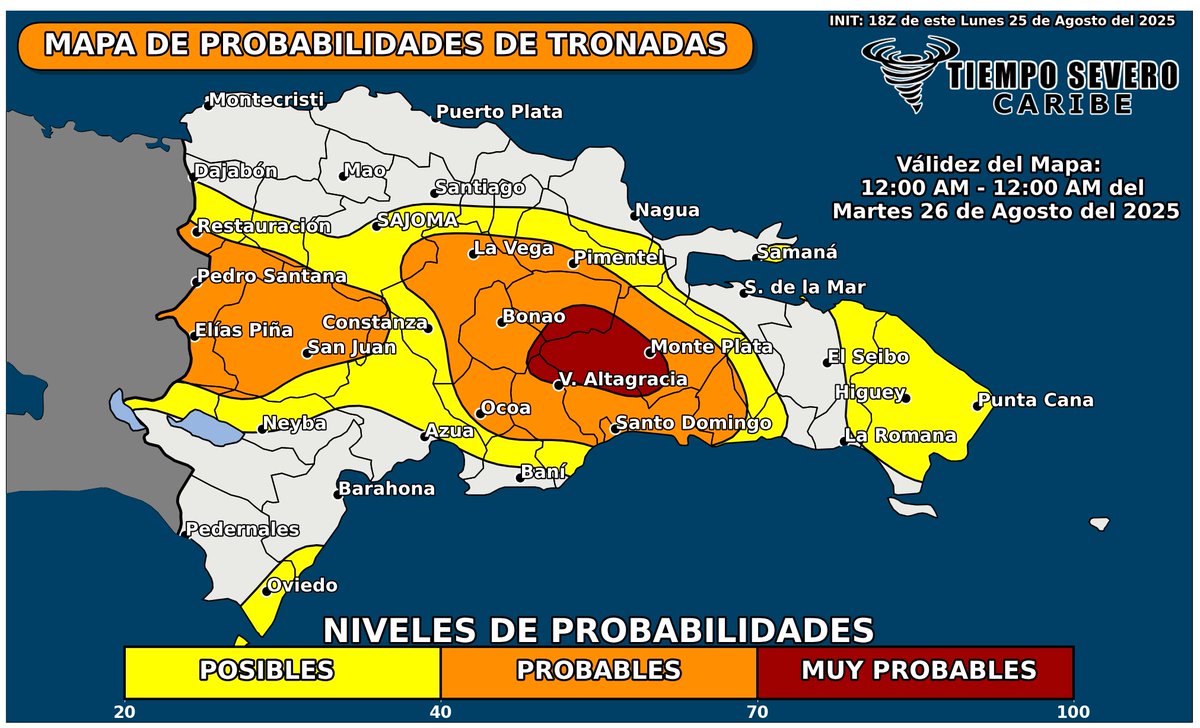 Dos zonas importantes de chance de desarrollo de tronadas para Republica Dominicana este martes. Tronadas altamente probables hacia el centro y demás zonas circundantes. Tronadas son probables también hacia el oeste y zonas circundantes. En la noche tronadas posibles en le este.