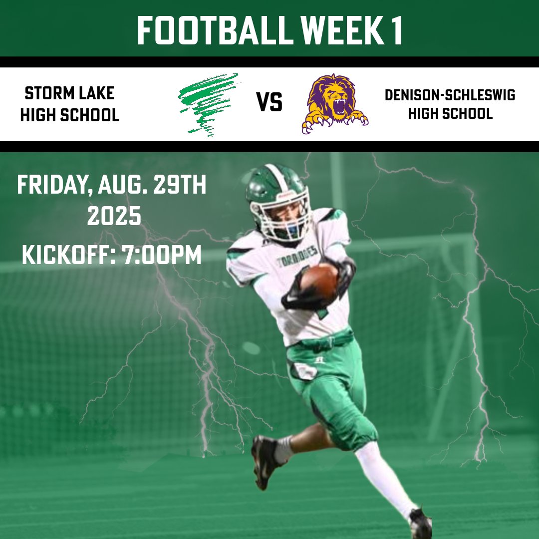 This Friday night, don't miss the action as your Storm Lake Tornadoes take on Denison-Schelswig at home! Pack the stands at Tornado Field and cheer on the team under the lights! 🌪️🏈