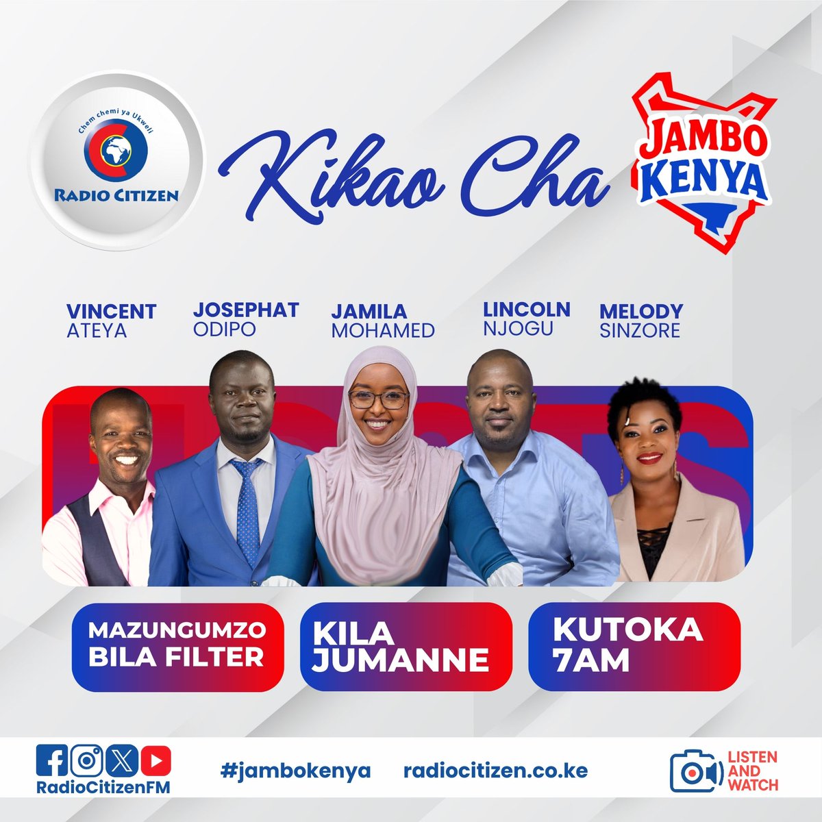 Ikiwa ni siku ya mazungumzo na majadiliano ndani ya #JamboKenya, tunaangazia yote yanayoendelea nchini na yanayohusu mwananchi wa kawaida. Je, ni jambo lipi ambalo ungependa tuangazie ?
<a href="/MelodySinzore1/">MelodySinzore1</a>  <a href="/VincentAteya/">Vincent Ateya</a> <a href="/Murutuphilip/">Philip Murutu</a>  <a href="/OdipoJosephat/">Josephat Odipo</a>  <a href="/muriukilincoln/">LINCOLN NJOGU</a> <a href="/JamilaMohamed/">Jamila Mohamed HSC</a>