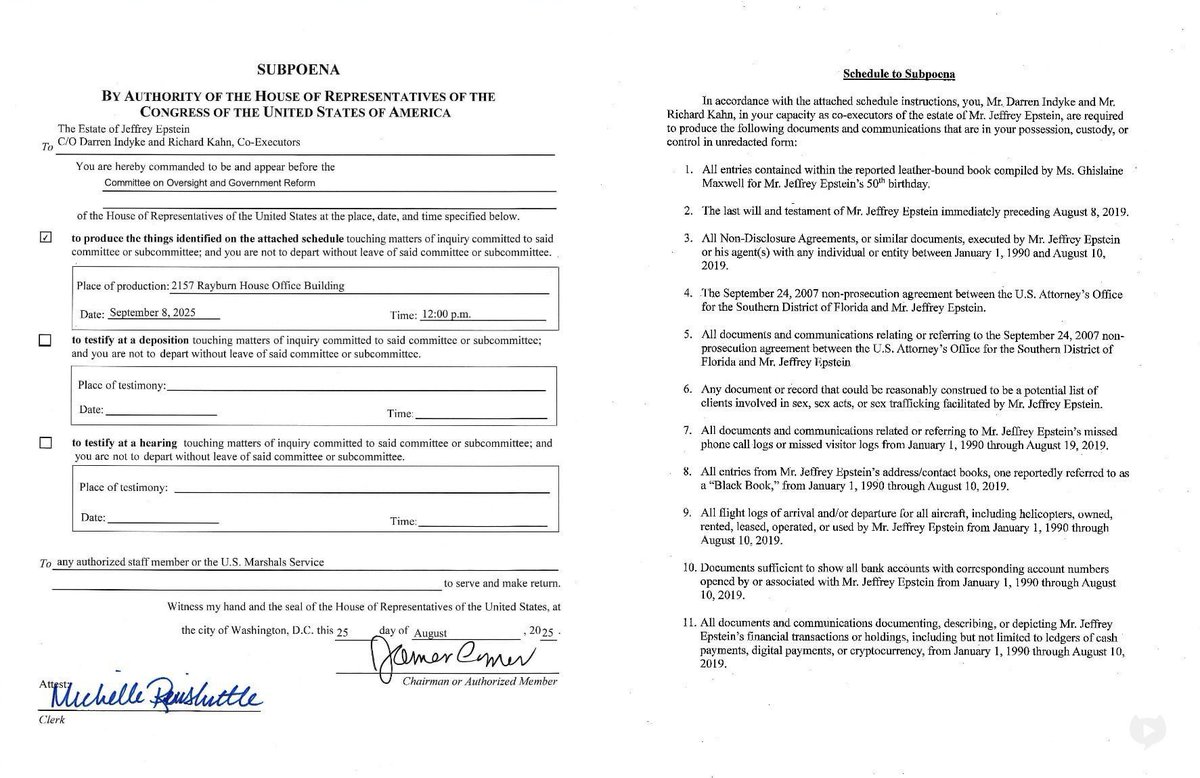 🇺🇸 O Comitê de Supervisão da Câmara dos EUA acaba de emitir uma intimação para o espólio de Epstein, exigindo documentos não censurados, vigilância por vídeo e comunicações em sua posse. Essa medida intensifica a investigação sobre Jeffrey Epstein e Ghislaine Maxwell.

🛰