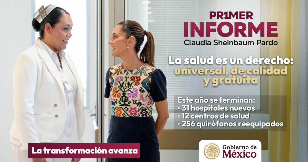 A lo largo de su primer año de gobierno, nuestra Presidenta <a href="/Claudiashein/">Claudia Sheinbaum Pardo</a> ha reafirmado que la salud no es un privilegio, sino un derecho universal, gratuito y de calidad.

¡#LaTransformaciónAvanza! 

#PrimerInforme