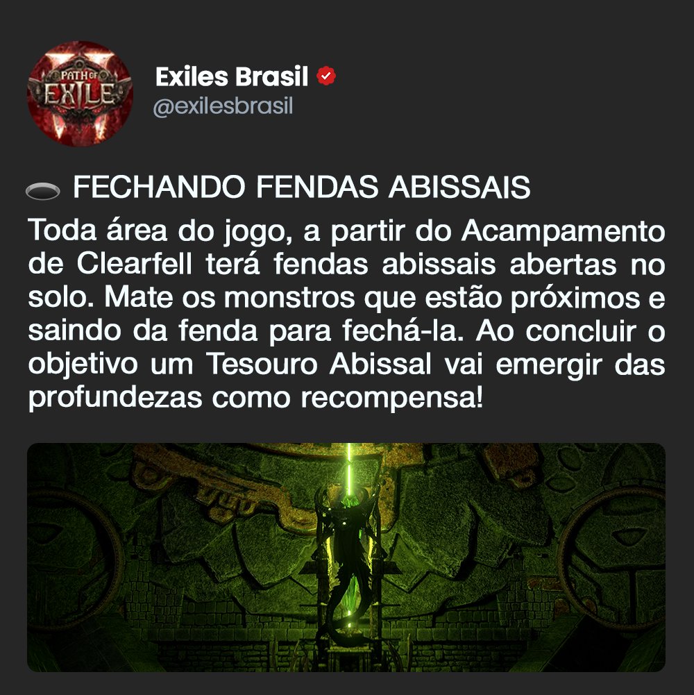 exilesbrasil's tweet photo. 🌌 Fendas se abrem em cada canto de Wraeclast… derrote os monstros que emergem delas e conquiste tesouros abissais únicos das profundezas!
Ansiosos?! o Adm está, dia 29 chegando!
#poe2 #pathofexile2 #patch03 https://t.co/gf4Rx5qVDC