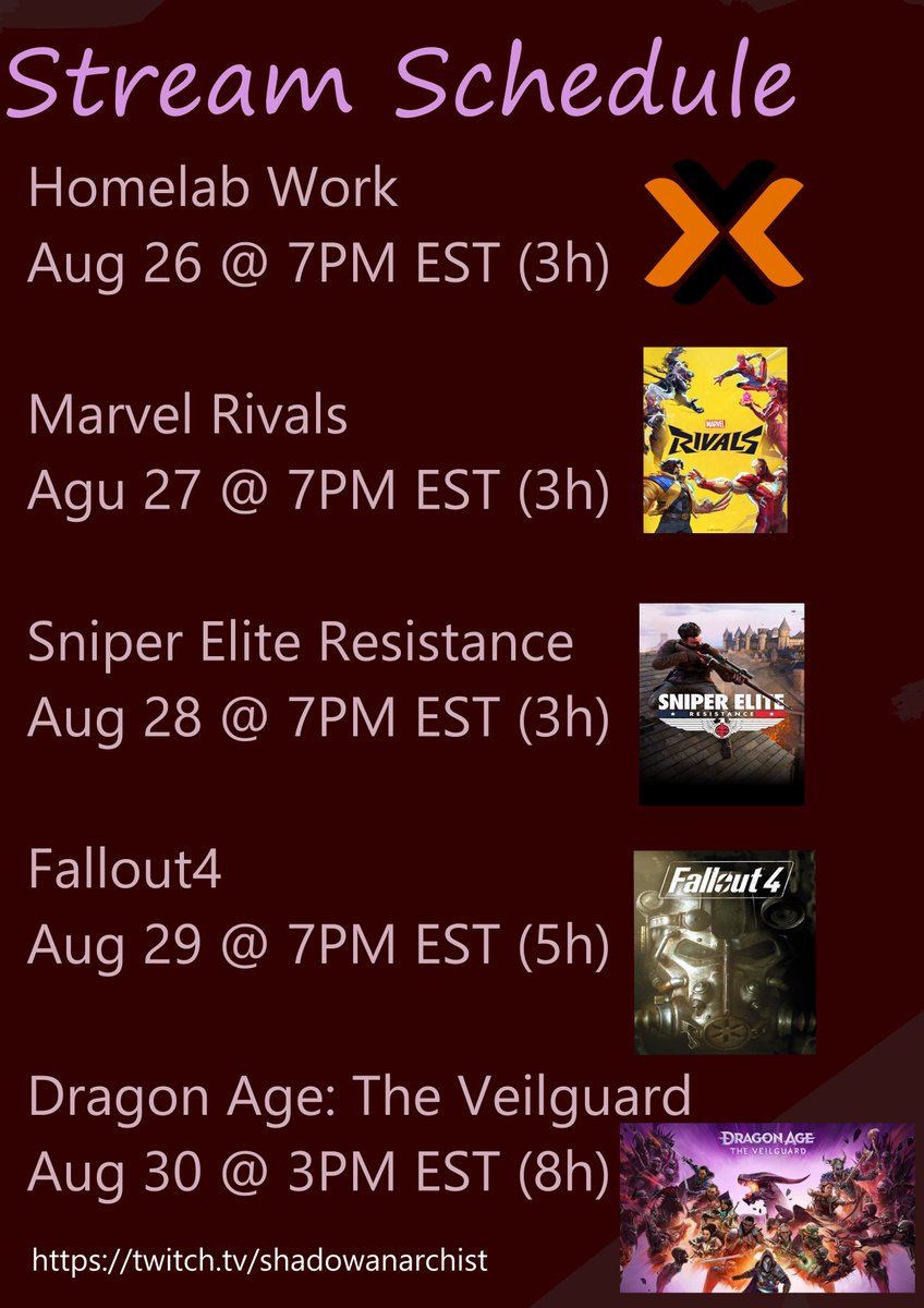 📅 This week’s streams:
26 – Homelab Work @ 7PM
27 – Marvel Rivals @ 7PM
28 – Sniper Elite Resistance @ 7PM
29 – Fallout 4 @ 7PM
30 – Dragon Age: The Veilguard @ 3PM

🔴 Live: twitch.tv/shadowanarchist