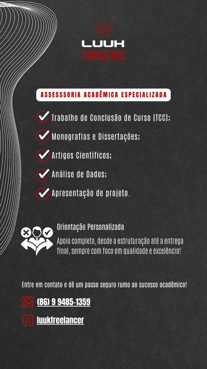 luukfreelancer's tweet photo. FAÇO ATIVIDADES ACADÊMICAS

Precisando de ajuda para desenvolver suas atividades em cima do prazo? Posso lhe ajudar!

Faço:

- Trabalho de Conclusão de Curso (TCC)

- Projeto de Pesquisa

- Artigo Científico

- Formatação 

- Mapas mentais e Slides

WhatsApp no link da bio! https://t.co/ZPsAzebh0r