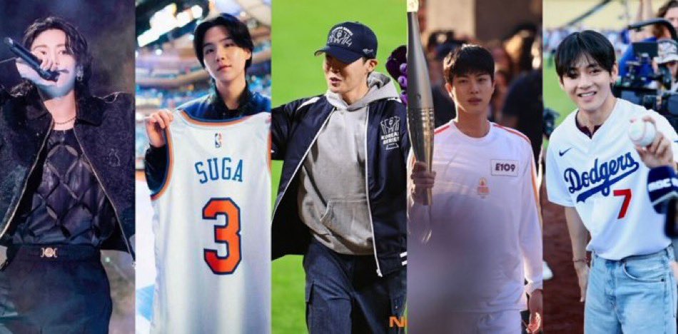 5/7 😭💜

• Jungkook: Copa Mundial 2022 en Qatar/Fútbol

• SUGA: NBA/Baloncesto

• Jin: Juegos Olimpicos en Paris en llevar la antorcha

• J-hope: KIA TIGERS/Beisbol

• V: DODGERS/Beisbol
