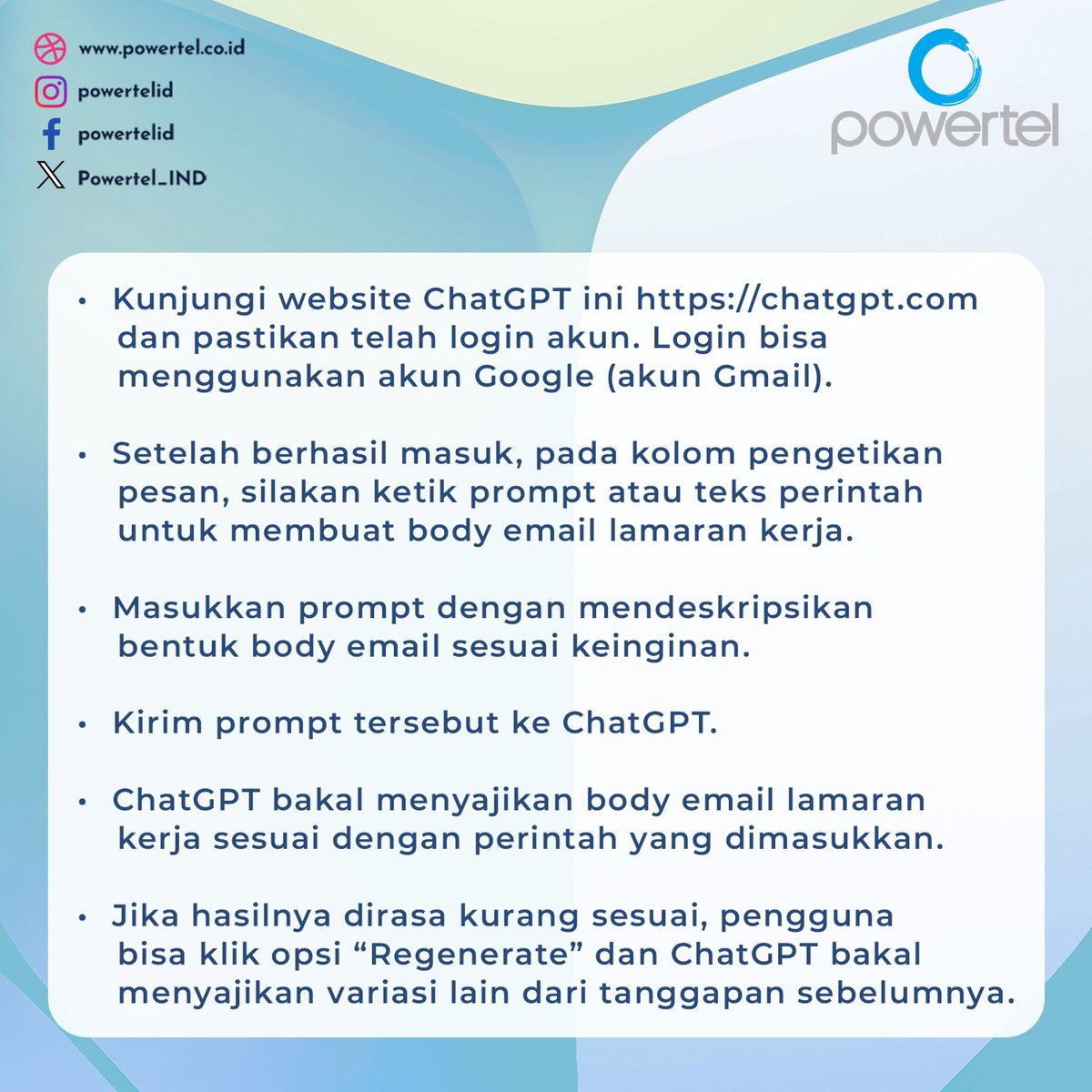 Powertel_IND's tweet image. Tips Membuat Body Email Lamaran Kerja yang Menarik HRD

#lamarankerja #bodyemaillamaran #emaillamaran #caralamarankerja #tipslamarankerja #contohlamarankerja #lamarankerjaprofesional #emaillamaranpekerjaan #tipsmenulislaporan #chatgpt #buatlamarankerja #powertelid