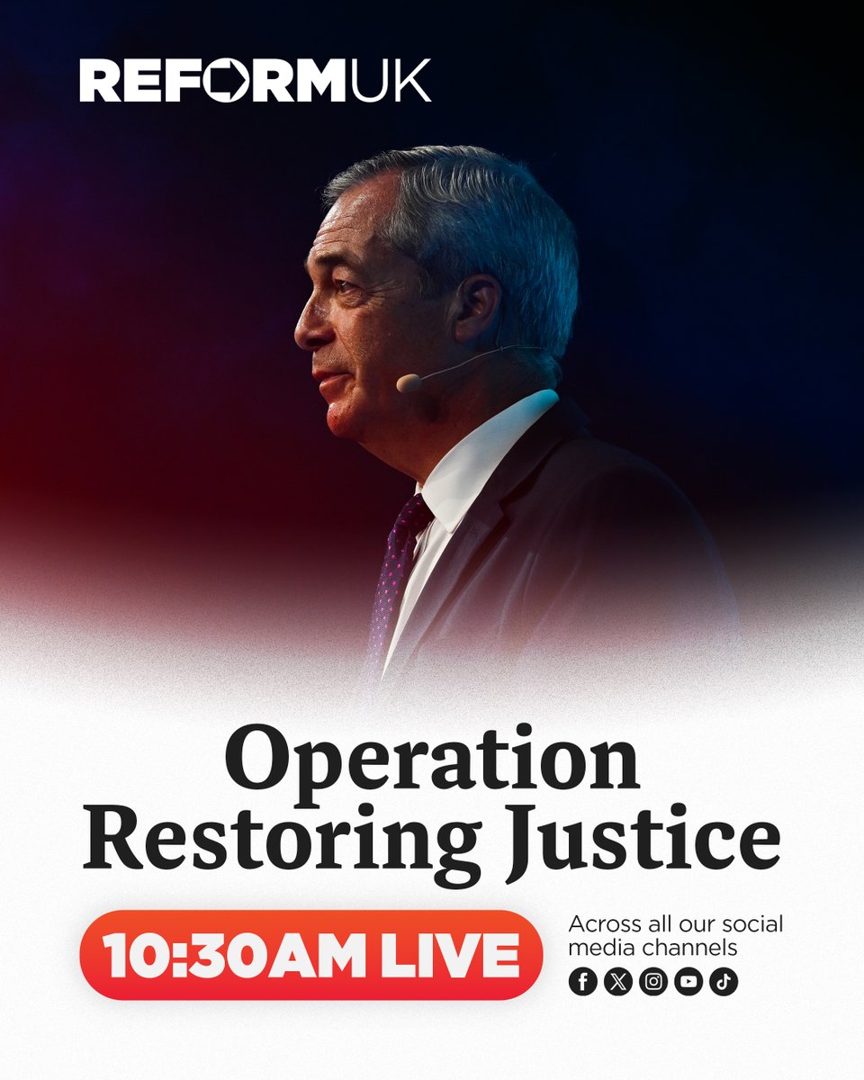 🚨Join us LIVE at 10:30 across all Reform UK social media channels, where Nigel Farage will announce our blueprint for deportations.