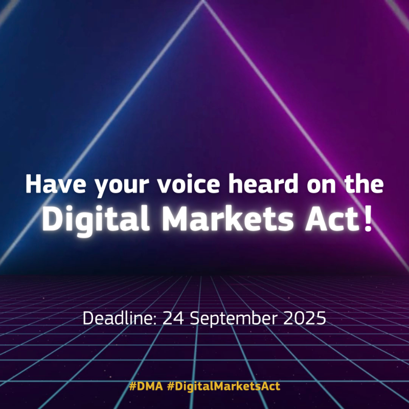 DigitalEU's tweet photo. 📢 The @EU_Commission has launched a questionnaire as part of the Digital Markets Act (DMA) review process, inviting feedback on promoting fair AI markets.

Share your insights by 24 September 2025.

Let’s build together a fair and contestable AI sector in Europe!