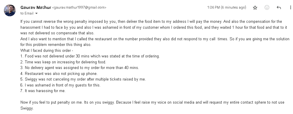 gauravmathur97's tweet photo. Recently I ordered food from swiggy and my experience was  so bad that I will not order food from swiggy in future. This incident was on 25/08/2025. Food did'nt reached me on time, it was 1 hr delayed &amp; after that swiggy imposed penalty on me for cancelling the order.
@Swiggy https://t.co/cwtwYXmh5H