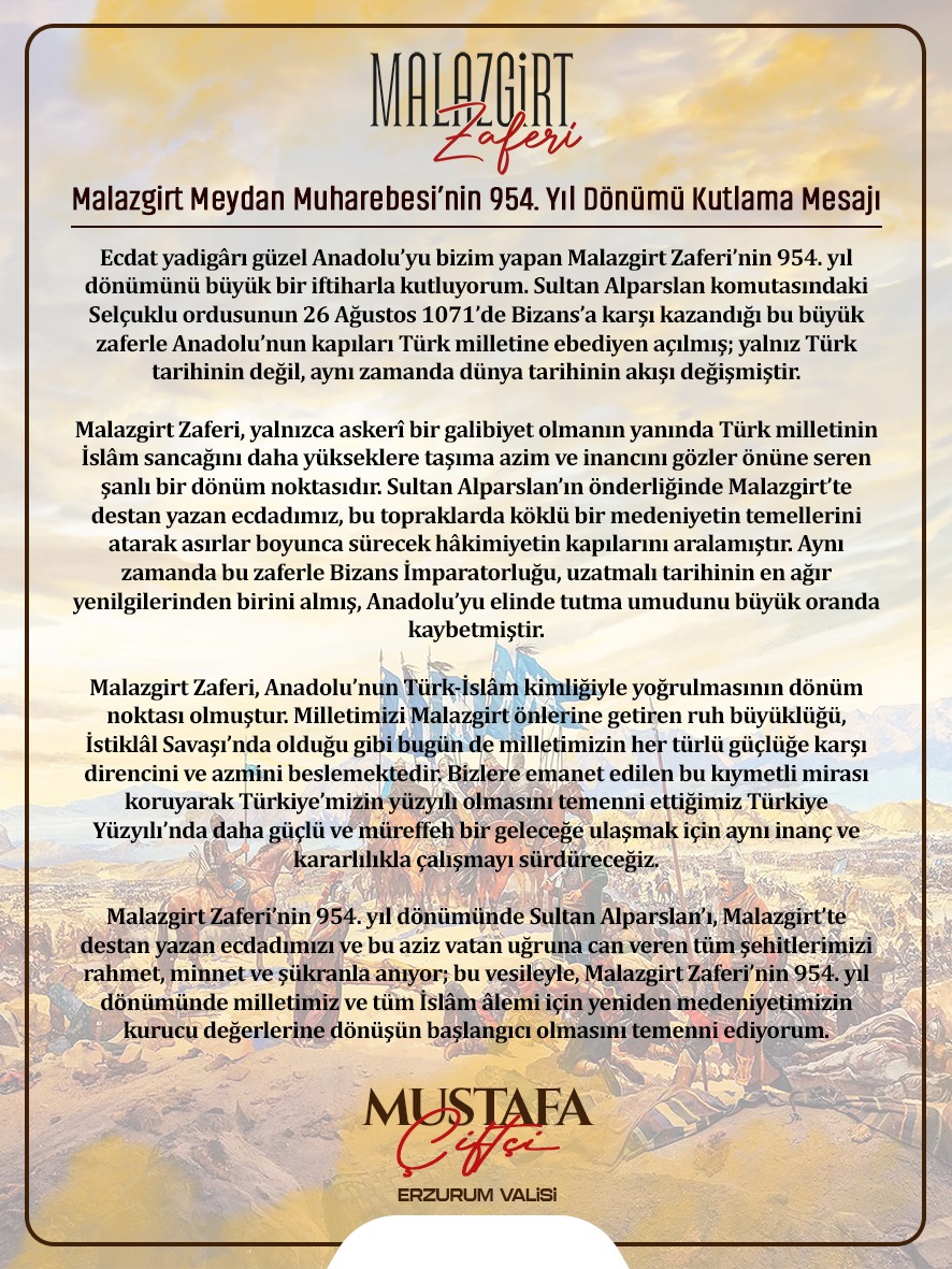 Önde yalın kılıç Türkmen Başbuğu
Ardında Oğuz'un elli bin tuğu
Andırır Altay'dan kopan bir çığı
Budur, Peygamber'in övdüğü Türkler...
Ya Allah... Bismillah... Allahuekber

🇹🇷 Malazgirt  Zaferi'nin 954. yıl dönümünde Anadolu'muzu ebediyen bizim kılan Sultan Alp Arslan ve