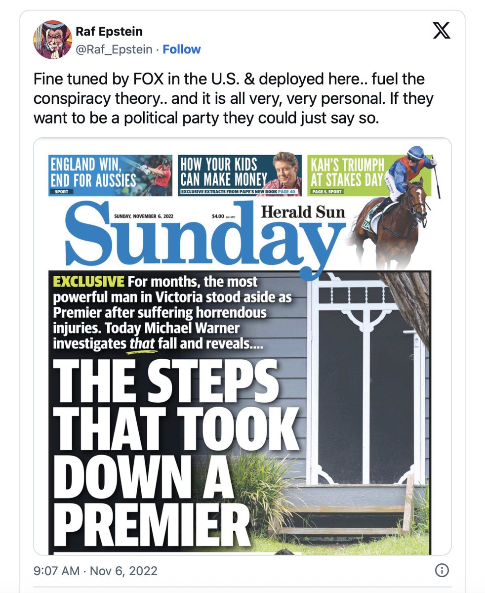 The absolute nerve of this scum newspaper and its scum journalists who perpetually feed and ignite dangerously unhinged people like this

They feed it. The profit from it. They have blood on their hands

<a href="/theheraldsun/">Herald Sun</a> is agitative filth run by soulless editors with zero morals
.