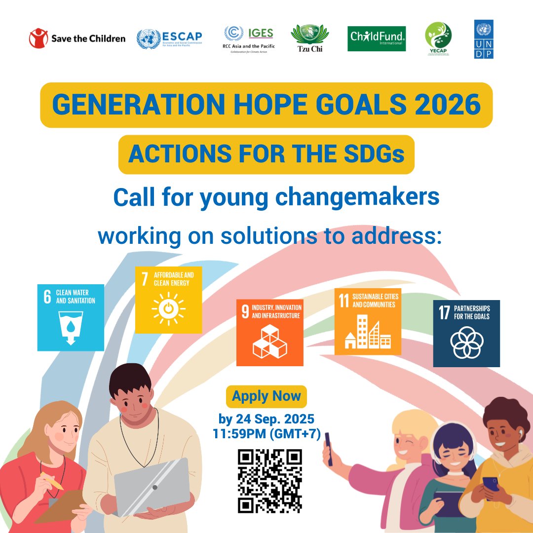 📣 Youth (14–24) in 🌏 Asia-Pacific! 
Got a prototype climate solution? 💡 Apply for Generation Hope Goals 2026 🌱 
Deadline: 24 Sept 2025 ⏳ 
👉 Apply: bit.ly/ApplyGHG2026 
🌐 Learn more: unescap.org/events/2026/ge…
#YouthClimateAction #GenerationHopeGoals