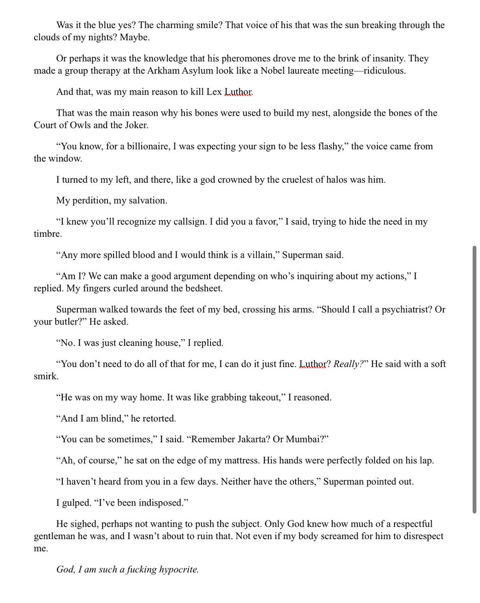 Mad_Ofelia's tweet image. Idk how to post on AO3. Don’t even owe an account, so I’ll be posting the one-shot here. 

Context: Superbat omegaverse one-shot. Batman is the omega, Superman is the alpha DUH. It gets steamy and stinky.