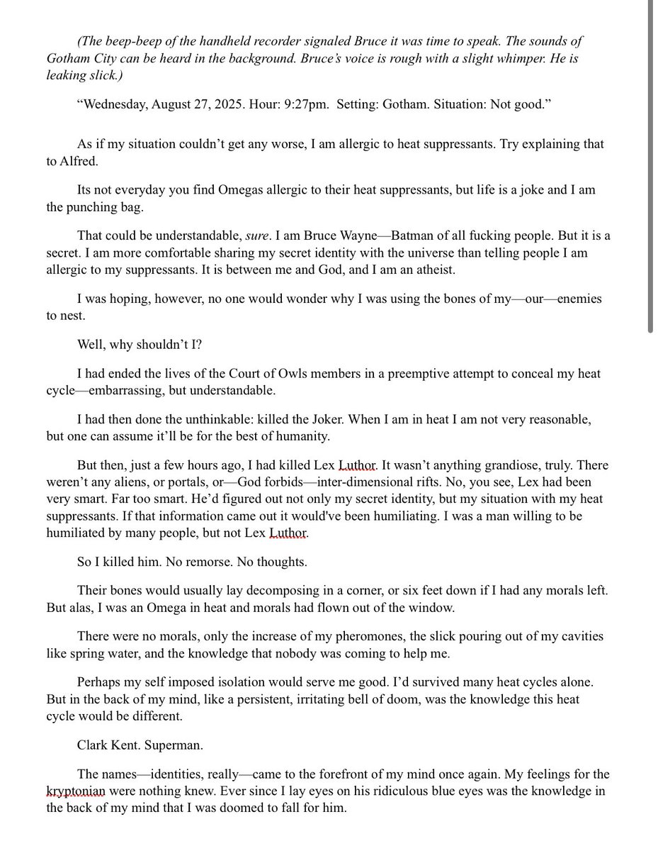 Mad_Ofelia's tweet image. Idk how to post on AO3. Don’t even owe an account, so I’ll be posting the one-shot here. 

Context: Superbat omegaverse one-shot. Batman is the omega, Superman is the alpha DUH. It gets steamy and stinky.