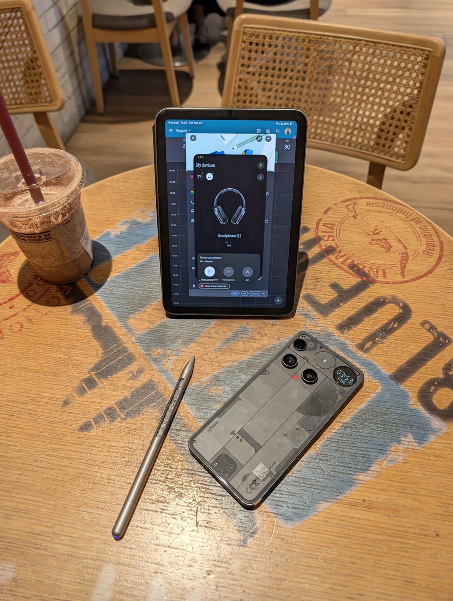 My gear for today is <a href="/nothing/">Nothing</a> Headphone (1) paired with an iPad Mini 7 with hotspot and visual timer from Nothing Phone (3). 
..
Surprisingly good. Fast connection, stable, easy to go from Android to iOS with the dual connection.