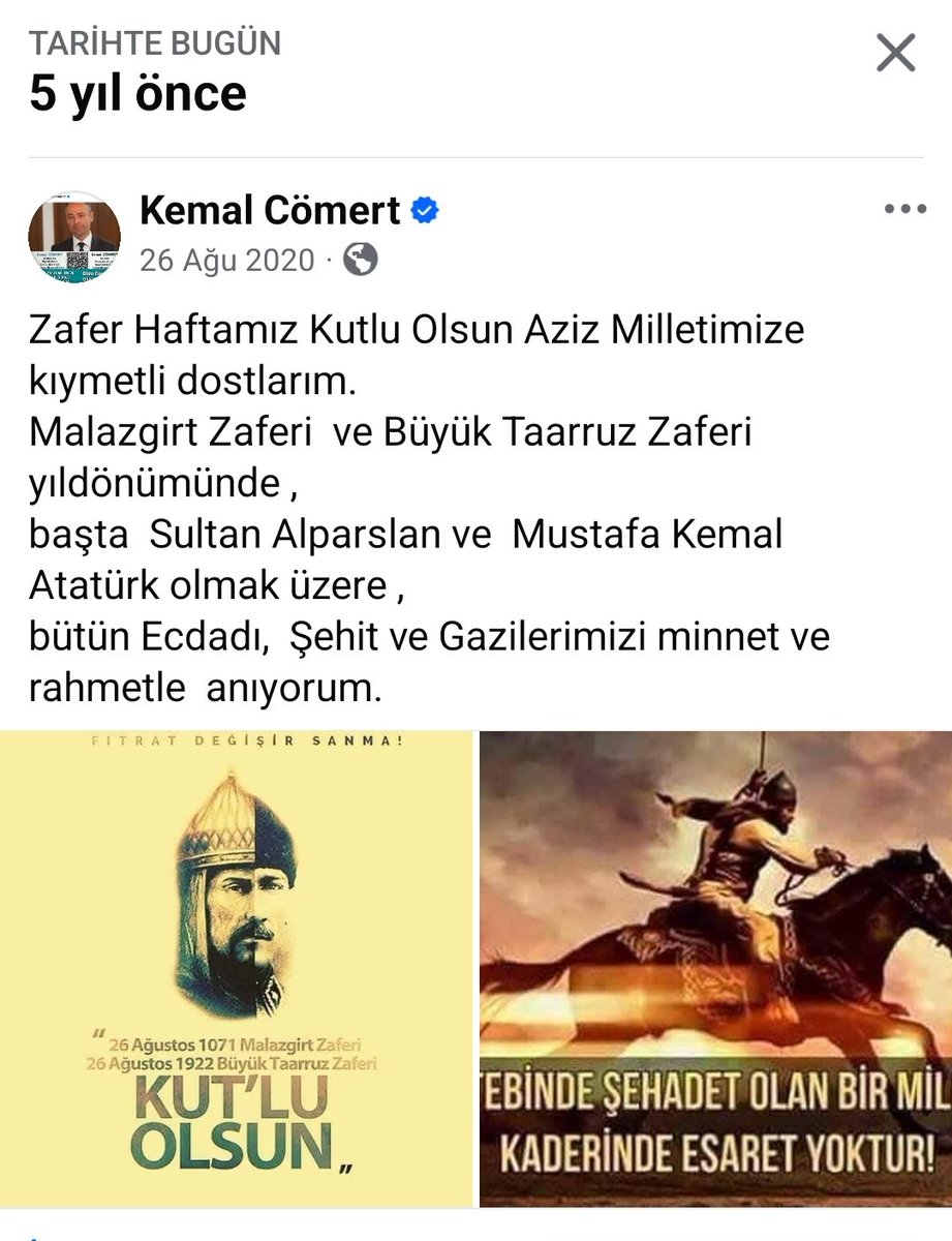 Zafer Haftamız Kutlu Olsun  kıymetli dostlarım. 

Malazgirt Zaferi  ve Büyük Taarruz Zaferi yıldönümünde ,

başta  Sultan Alparslan ve  Mustafa Kemal Atatürk olmak üzere ,

bütün Müslüman Türk Ecdadımızı,  Şehit ve Gazilerimizi minnet ve rahmetle  anıyorum.

Av. Kemal CÖMERT