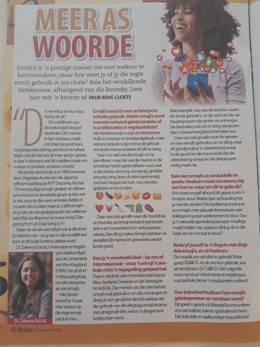 zakeera_d's tweet image. Thank you @KuierOfficial &amp;amp; Rene Cloete for the interview and feature. Honoured to be part of an Afrikaans medium magazine. #IamUWC #emojis #multilingualism #forensic linguistics ⚖️🔍🧐🇿🇦🇿🇦 Get your copy in stores now!