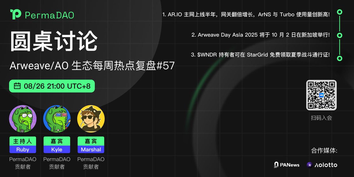 PermaDAO中文🐘 (@perma_daocn) on Twitter photo 【腾讯会议直播】Arweave/AO生态每周热点复盘#57
🌟 由 <a href="/PANewsCN/">PANews</a> 支持,<a href="/aolotto_dao/">Aolotto</a> 赞助,<a href="/perma_daoCN/">PermaDAO中文🐘</a> 主办。
🔎 本期看点:
① <a href="/ArweaveEco/">Arweave Ecosystem</a> Day Asia 2025 将于 10 月 2 日在新加坡举行。
② <a href="/usewander/">Wander</a> $WNDR 持有者可在 <a href="/StarGridBattle/">StarGrid Battle Tactics</a> 免费领取夏季战斗通行证。
③ 【腾讯会议直播】Arweave/AO生态每周热点复盘#57
🌟 由 <a href="/PANewsCN/">PANews</a> 支持,<a href="/aolotto_dao/">Aolotto</a> 赞助,<a href="/perma_daoCN/">PermaDAO中文🐘</a> 主办。
🔎 本期看点:
① <a href="/ArweaveEco/">Arweave Ecosystem</a> Day Asia 2025 将于 10 月 2 日在新加坡举行。
② <a href="/usewander/">Wander</a> $WNDR 持有者可在 <a href="/StarGridBattle/">StarGrid Battle Tactics</a> 免费领取夏季战斗通行证。
③