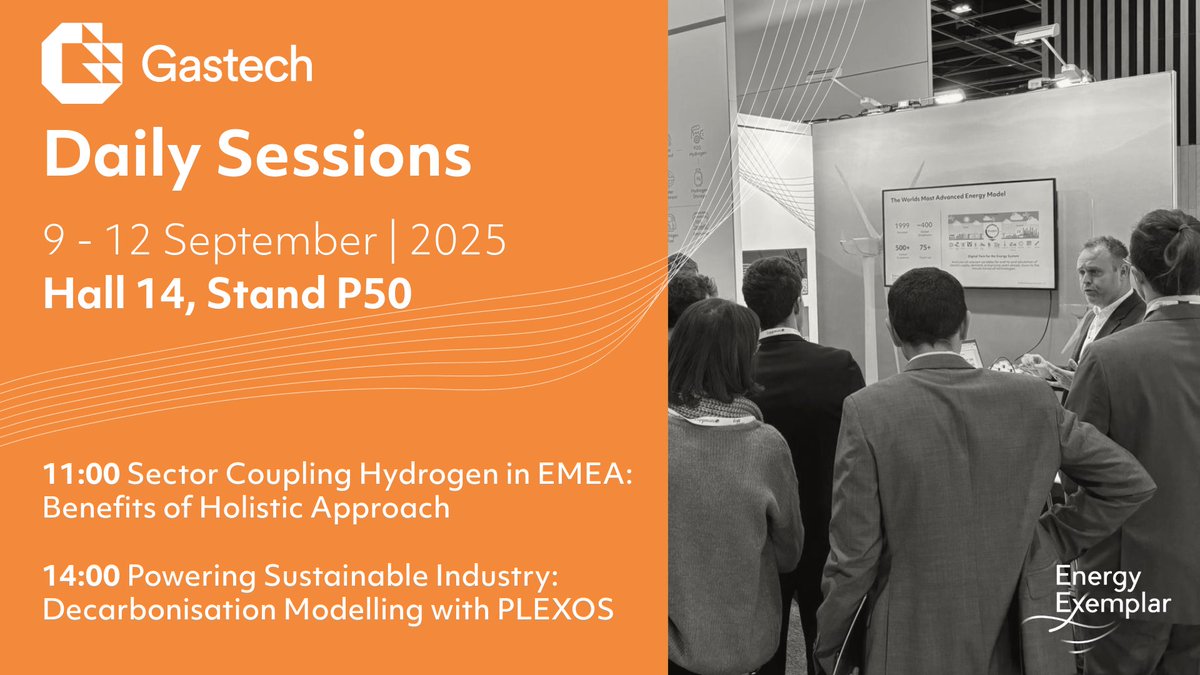 EnergyExemplar's tweet image. 🌍 Low-carbon molecules are key to the #EnergyTransition.

Meet Energy Exemplar at @GastechEvent (9-12 Sept, Milan) for live demos + expert talks on #Hydrogen, #SectorCoupling &amp;amp; #Decarbonisation.

🤝 Stand P50, Hall 14
👉 Book a meeting: bit.ly/41JL7aM