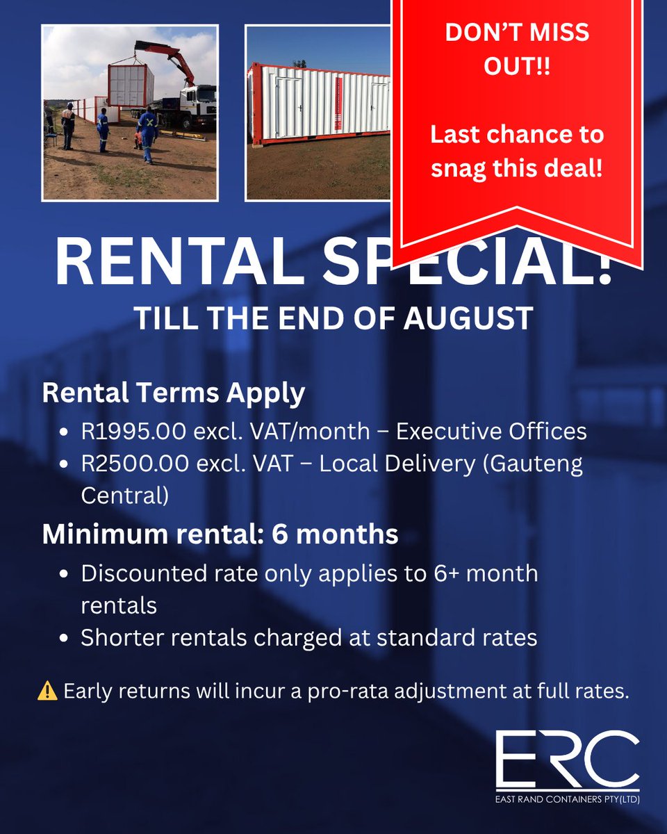 erc_jhb's tweet image. 🚨 LAST CHANCE - Deal ends this week!

R1995/month excl. VAT — Exec Office Rental
Ends 31 Aug ⏳ 

#RentalSpecial #MobileOffice #SiteSolutions #ContainerRentals #ERC #LastChance #FinalWeekDeal