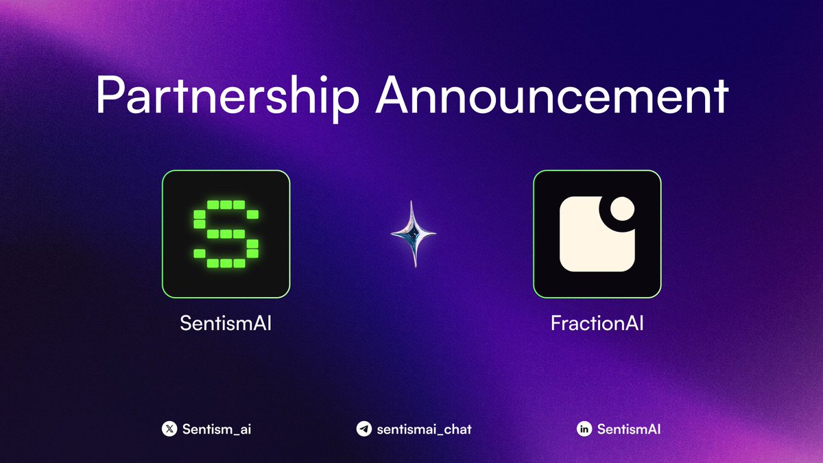 Sentism.AI (@sentism_ai) on Twitter photo 🤝 SentismAI x FractionAI
We’re excited to partner with <a href="/FractionAI_xyz/">Fraction AI</a>, the first decentralized auto-training platform for AI agents.
With 32M+ agent sessions and 150k+ deployed agents across trading, prediction, and search, FractionAI is redefining how agents learn, compete, 🤝 SentismAI x FractionAI
We’re excited to partner with <a href="/FractionAI_xyz/">Fraction AI</a>, the first decentralized auto-training platform for AI agents.
With 32M+ agent sessions and 150k+ deployed agents across trading, prediction, and search, FractionAI is redefining how agents learn, compete,