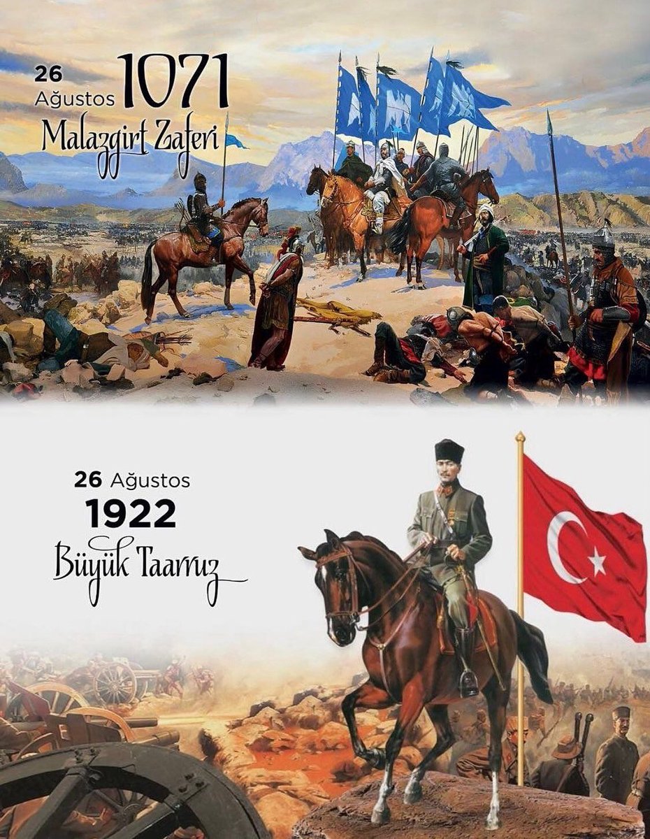🇹🇷Tarihimizin iki büyük dönüm noktası;

📌 26 Ağustos 1071 Malazgirt Zaferi, Türk milletinin Anadolu’ya girişinin kapılarını açmış, bizlere ebedi yurdumuzu kazandırmıştır.

📌 26 Ağustos 1922 Büyük Taarruz ise milletimizin bağımsızlık aşkıyla yeniden ayağa kalktığı, Anadolu’nun