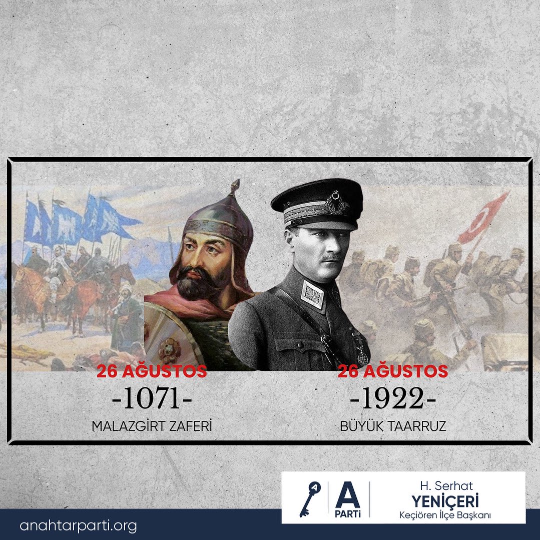 26 Ağustos…
📍 1071’de Malazgirt’te açılan kapı,
📍 1922’de Büyük Taarruz’la yeniden vatan kılındı.

Milletimizin bağımsızlık yolundaki iki büyük dönüm noktasını minnet, gurur ve şükranla anıyoruz.