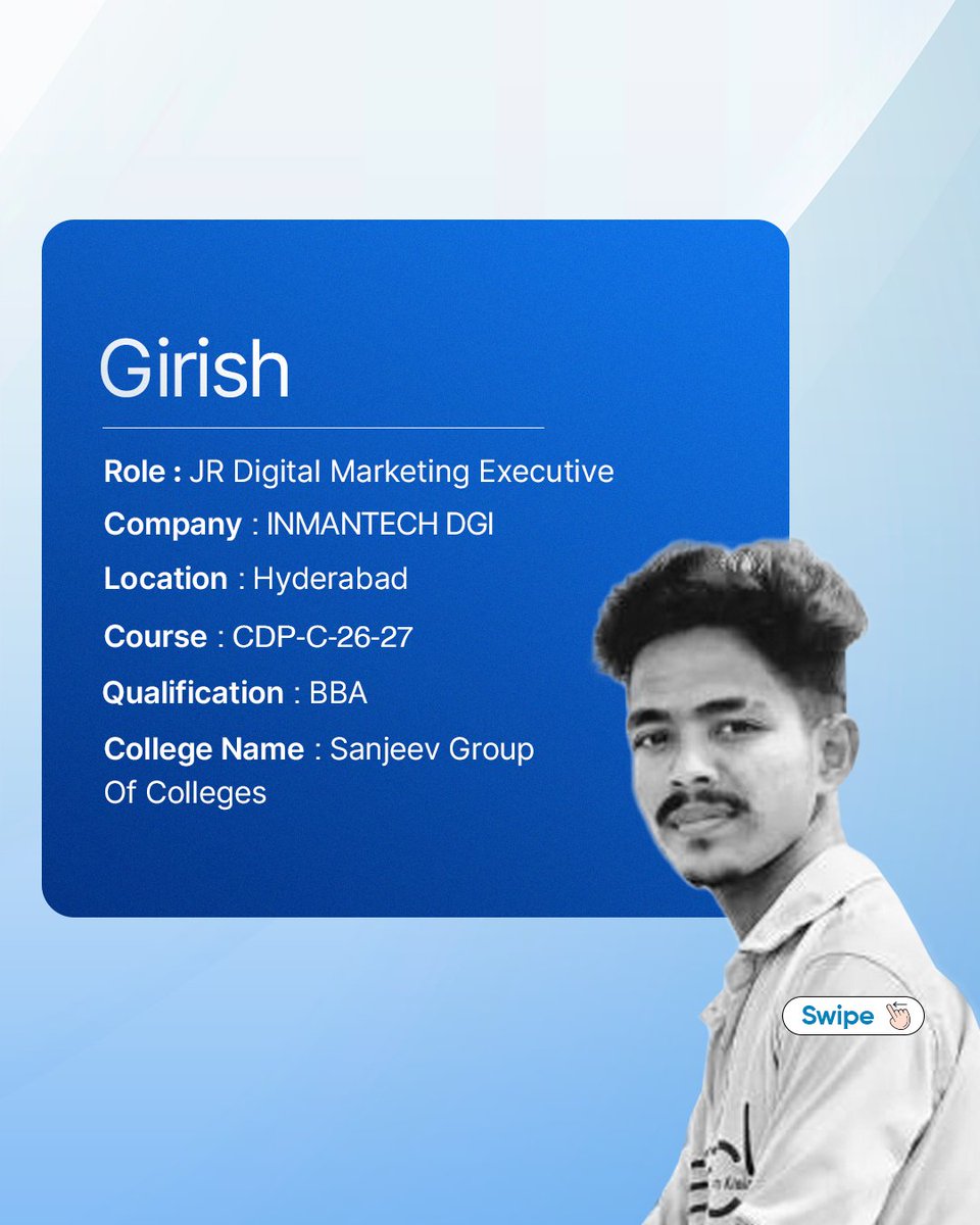 DigitalNestHyd's tweet image. Digital Marketing Course in Hyderabad | Digital Nest Review 2025

Congrats Girish on joining INMANTECH DGI as Jr. Digital Marketing Executive 🚀 At Digital Nest, we turn skills into success stories. Be the next! 📷

#DigitalMarketing #DigitalMarketingCourse #Hyderabad