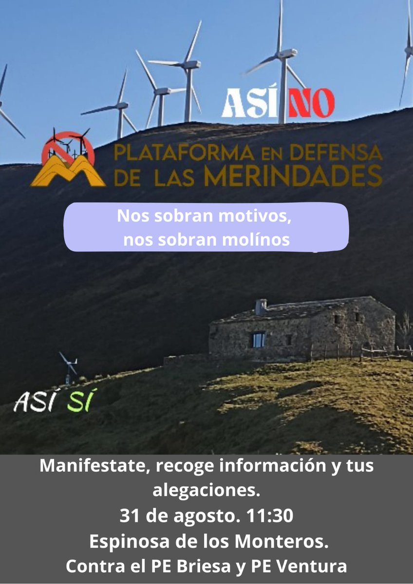 31 de Agosto!! - 11:30h.
Espinosa de los Monteros
Plaza de Don Sancho

Recoge y entrega tu alegación para el proyecto BRIESA.
RENOVABLES SI!!! PERO NO ASÍ!!!