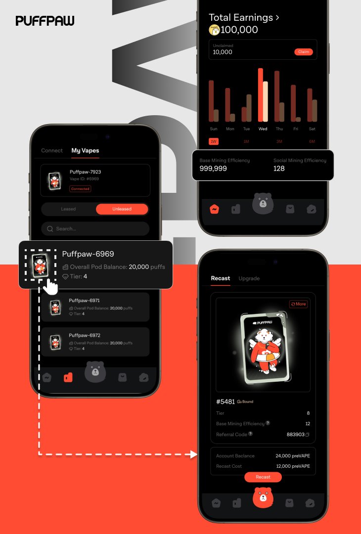 Puffpaw (@puffpaw_xyz) on Twitter photo App Updates:
1. Added a Mining Efficiency data dashboard
2. Added remaining puffs and current progress on 'My Vapes' page. 
3. Click each vape image to 'Recast/Upgrade' directly App Updates:
1. Added a Mining Efficiency data dashboard
2. Added remaining puffs and current progress on 'My Vapes' page. 
3. Click each vape image to 'Recast/Upgrade' directly
