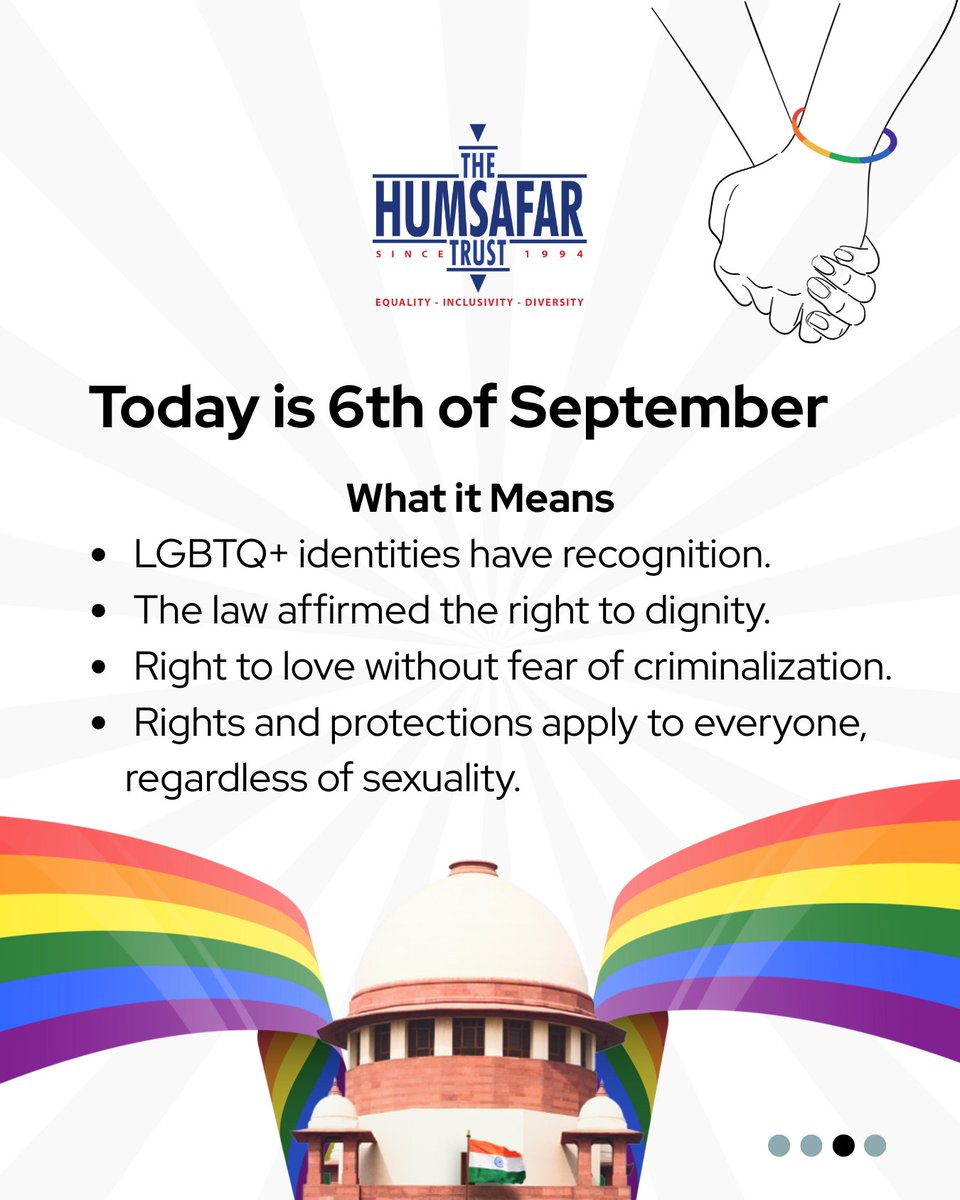 HumsafarTrust's tweet image. It’s been 7 years since the Supreme Court’s historic judgment decriminalizing same-sex love by reading down Section 377. A big win for the queer community and for all who fought tirelessly for it.

#hst #section377 #decriminalization #samesexlove #lgbtqrights