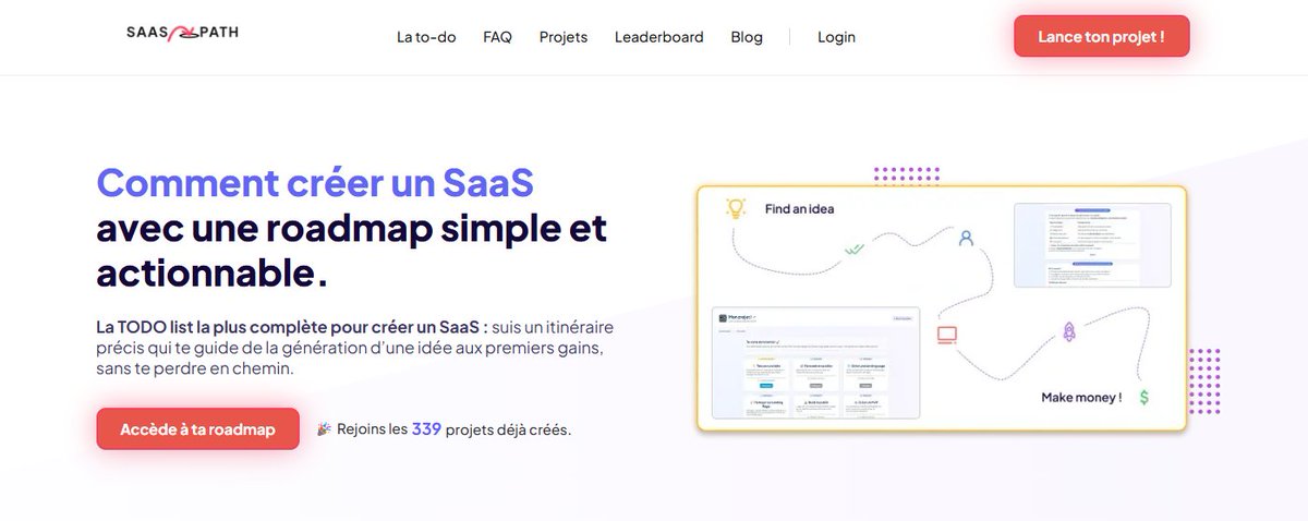Plus de 330 motivés qui veulent se créer une autre source de revenus sont passés à l'action ! 

Ils se sont inscrits gratuitement sur SaaS Path.
Ils ont accès à une roadmap détaillée et des conseils.
Ils ont rejoint une commu Discord pour progresser ensemble.
Ils avancent tous !