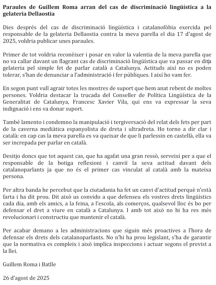 Guillem Roma 🎗 (@gromabatlle) on Twitter photo Aquí teniu unes paraules meves arran del cas de discriminació lingüística a la gelateria Dellaostia. <a href="/TotBcn/">TOT Barcelona</a> <a href="/VilaWeb/">VilaWeb</a> <a href="/rac1/">RAC1</a> <a href="/elpais_espana/">EL PAÍS España</a> <a href="/elnacionalcat/">ElNacional.cat</a> <a href="/diariARA/">diariARA</a> <a href="/som3cat/">3Cat</a> <a href="/CatalunyaRadio/">Catalunya Ràdio</a> <a href="/LaRepublicaCat/">LaRepública.cat</a> <a href="/llenguacat/">Plataforma per la Llengua 📢</a> <a href="/mantincelcatala/">Mantinc el Català</a> <a href="/radio_gracia_/">Ràdio Gràcia</a> Aquí teniu unes paraules meves arran del cas de discriminació lingüística a la gelateria Dellaostia. <a href="/TotBcn/">TOT Barcelona</a> <a href="/VilaWeb/">VilaWeb</a> <a href="/rac1/">RAC1</a> <a href="/elpais_espana/">EL PAÍS España</a> <a href="/elnacionalcat/">ElNacional.cat</a> <a href="/diariARA/">diariARA</a> <a href="/som3cat/">3Cat</a> <a href="/CatalunyaRadio/">Catalunya Ràdio</a> <a href="/LaRepublicaCat/">LaRepública.cat</a> <a href="/llenguacat/">Plataforma per la Llengua 📢</a> <a href="/mantincelcatala/">Mantinc el Català</a> <a href="/radio_gracia_/">Ràdio Gràcia</a>