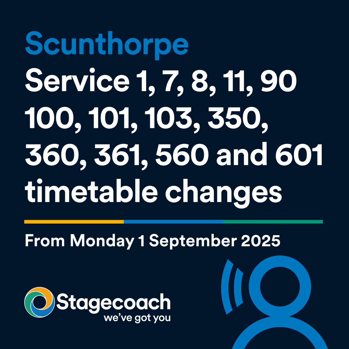 #Scunthorpe Service Updates. From Monday 1st September, Services 1, 7, 8, 11, 90, 100, 101, 103, 350, 360, 361, 560 and 601 timetables will be revised. Service 7, 8 and 350 routes will also change. Check out your new timetables and Scunthorpe Town Map ➜ stge.co/4dRycH9