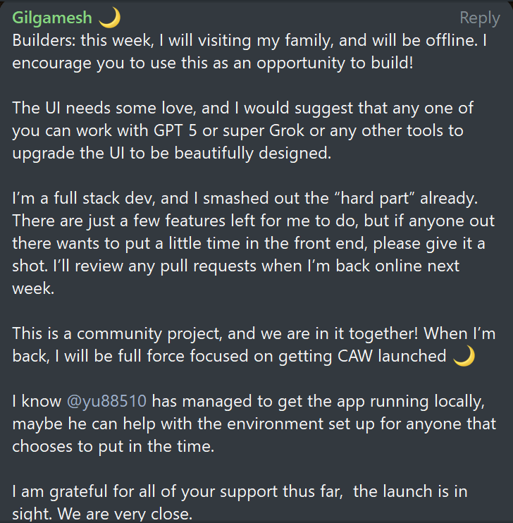 If you are developer. 
Let's join to polish CAW front-end.
Appointed time is very close.