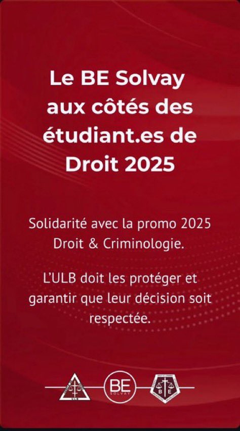 Ce n’est pas une question d’origine ou une question d’orientation politique, c’est une question de responsabilité et de génération. 

Fier que le Bureau Étudiant de Solvay, “ma” faculté au sein de l’ULB se tienne aux côtés des étudiants de la faculté de Droit.