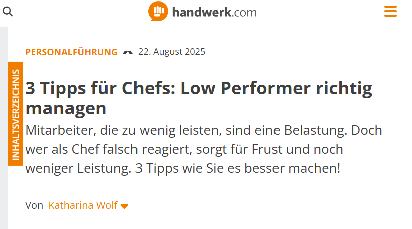 Wenn Mitarbeiter unter ihren Möglichkeiten bleiben, ist das oft weder böser Wille noch reine Faulheit. 

Wie Sie mit "Low Performern" richtig umgehen, dazu wurde ich von handwerk.com interviewt. 

handwerk.com/3-tipps-fuer-c…