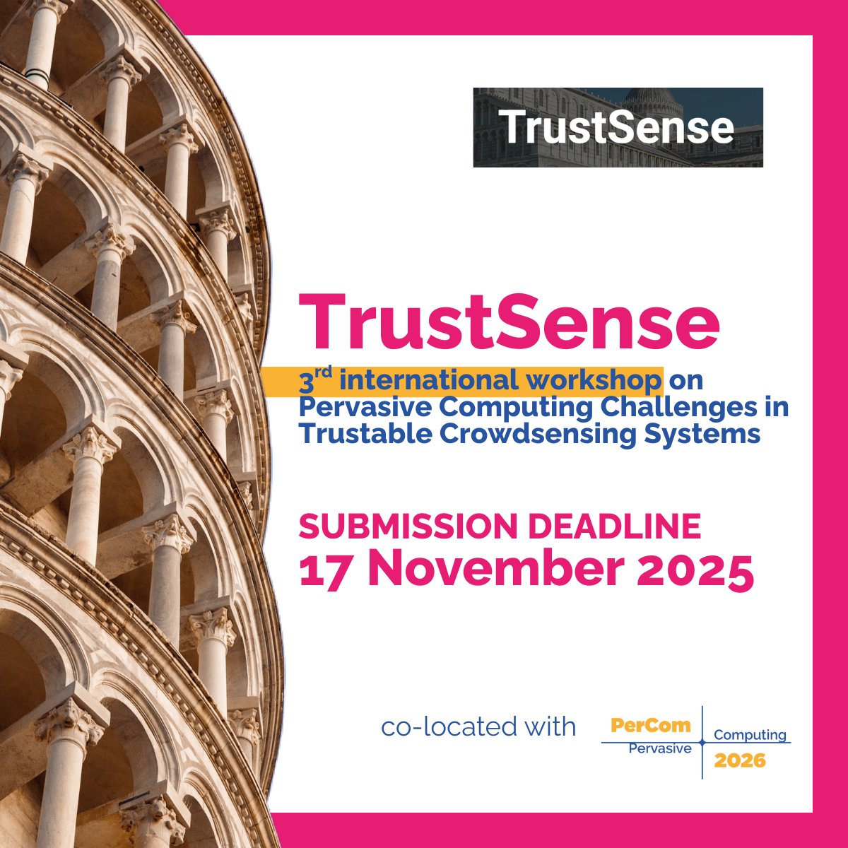 IEEEPerCom's tweet image. 📢 #CallForPapers: TrustSense 2026 Workshop @ #PerCom2026

🌍 Discussing challenges and unlocking solutions in pervasive #Crowdsensing! 

📝 Submission deadline: Nov 17, 2025
🔗 sites.google.com/view/ieee-trus…

#IoT @IEEEorg #Trust #Privacy #PervasiveComputing #DataQuality