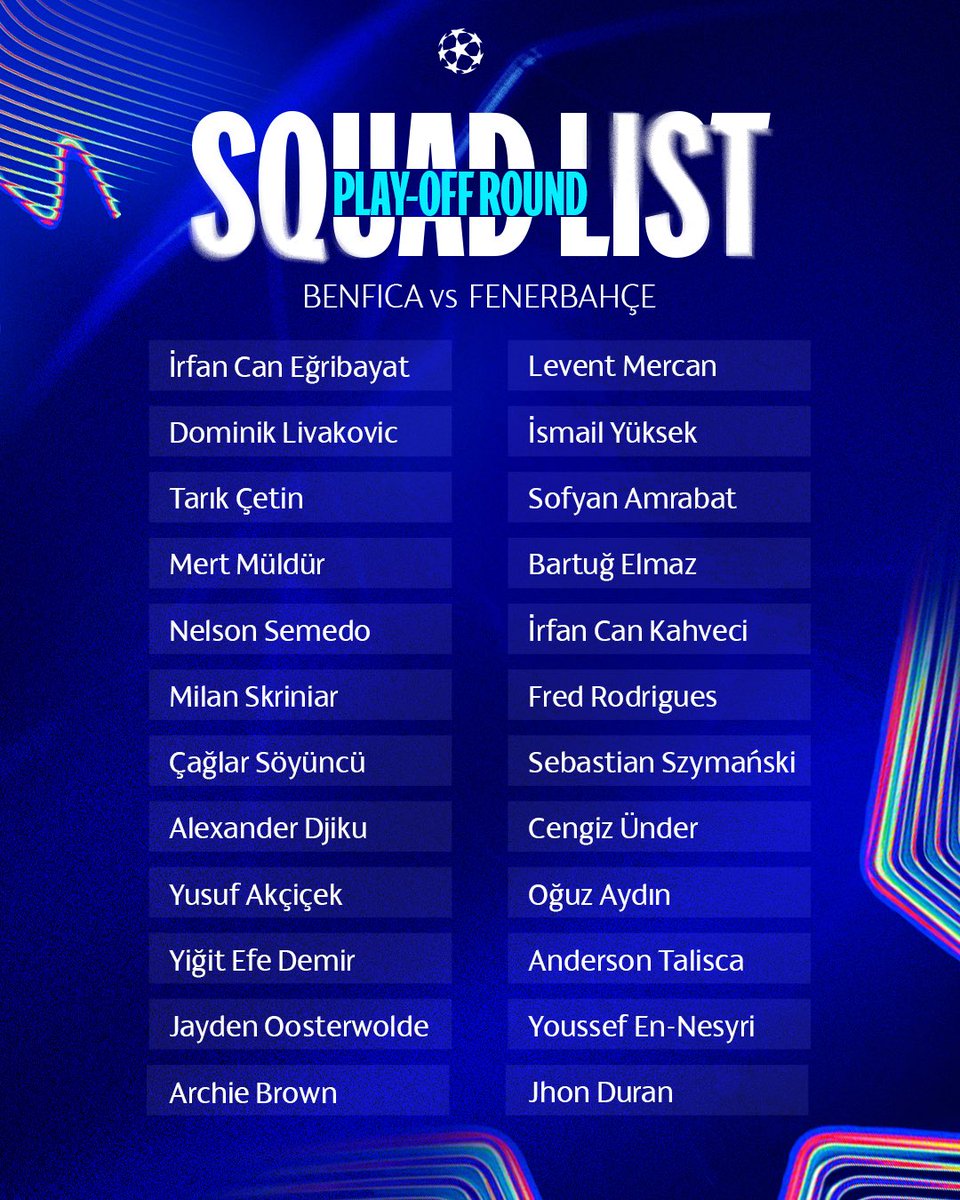 Şampiyonlar Ligi Play-off Turu | Benfica maçı kamp kadromuz 👇

#SLBvFB #UCL