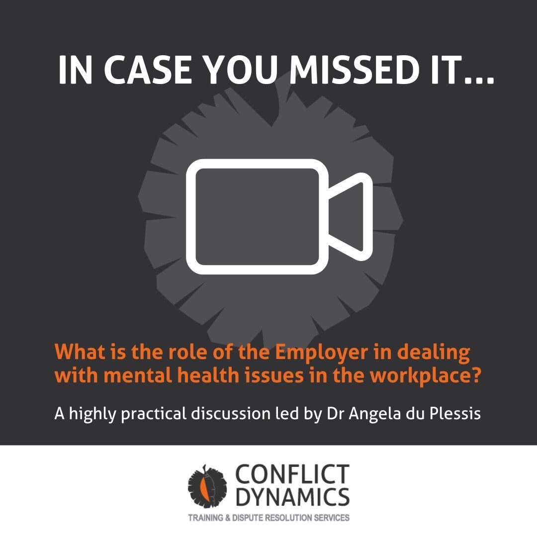 Missed #CoffeeWithConflictDynamics What is the employer’s role in workplace mental health? Catch up here: conflictdynamics.co.za/Videos/Watch/7…