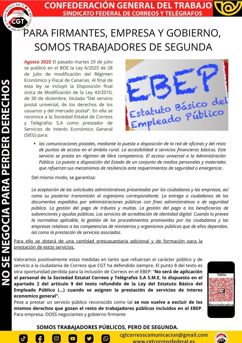 🔴⚫#CGTCorreos | Lxs trabajadorxs de Correos, de 2ª

✒️ Se ha reconocido en el BOE a Correos como prestador de SIEG

💰 A cambio, Correos recibirá una cantidad por la prestación

☠️ A pesar de esto se siguen poniendo trabas para la inclusión del personal de Correos en el EBEP