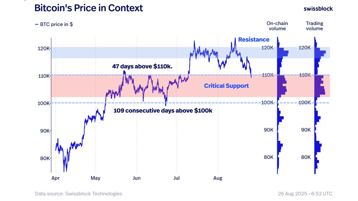 BTC is at a make-or-break level: $110K = lifeline support $121K = ceiling  to break In short: BTC has proven resilience above $100K, but survival  above $110K will decide if the trend