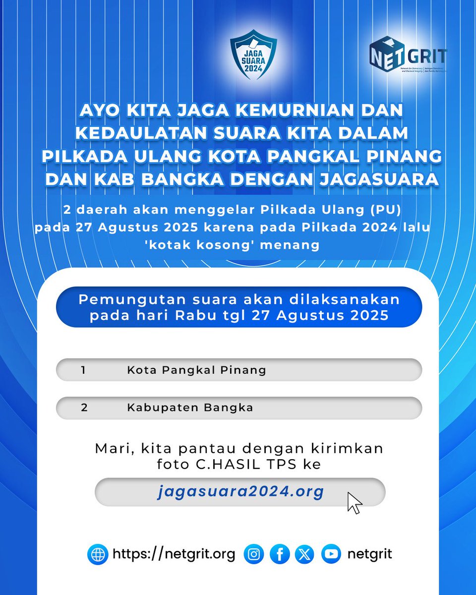 Besok pagi, Rabu tgl 27 Agustus, akan dilaksanakan Pilkada Ulang di Kota Pangkal Pinang &amp; Kab. Bangka, Babel. Ayo para warga setempat pastikan dijaga suara yg diberikan agar tdk dimanipulasi, dgn memfoto C.HASIL TPS masing2 &amp; kirimkan ke jagasuara2024.org 
#pilkadaulang
