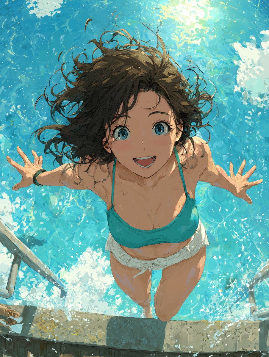 Shima17Tomo's tweet image. 本日のお題は『プールサイド』🏖️💦

飛び込みたい衝動に駆られる！

Today’s theme: Poolside 🏖️💦
Under the summer sky—
an irresistible urge to dive in!
ourt-ai.work/image/04c48aa0… 
#ourtAI #プールサイド #poolside