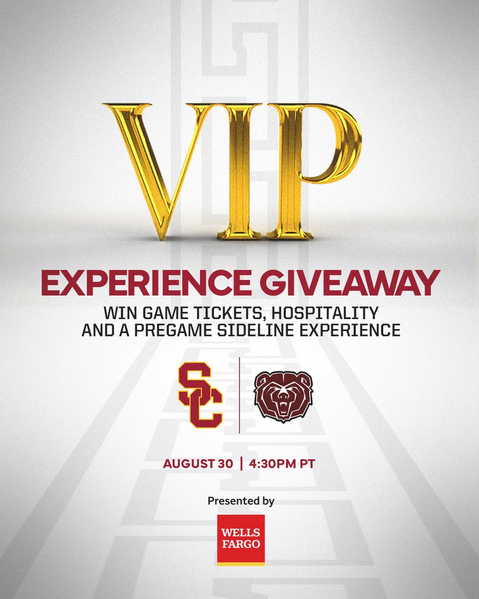 USC Trojans (@usc_athletics) on Twitter photo We're giving one lucky fan a VIP experience at the first <a href="/uscfb/">USC Football ✌️</a> game of the season, presented by <a href="/WellsFargo/">Wells Fargo</a>!
Repost for your chance to win! We're giving one lucky fan a VIP experience at the first <a href="/uscfb/">USC Football ✌️</a> game of the season, presented by <a href="/WellsFargo/">Wells Fargo</a>!
Repost for your chance to win!