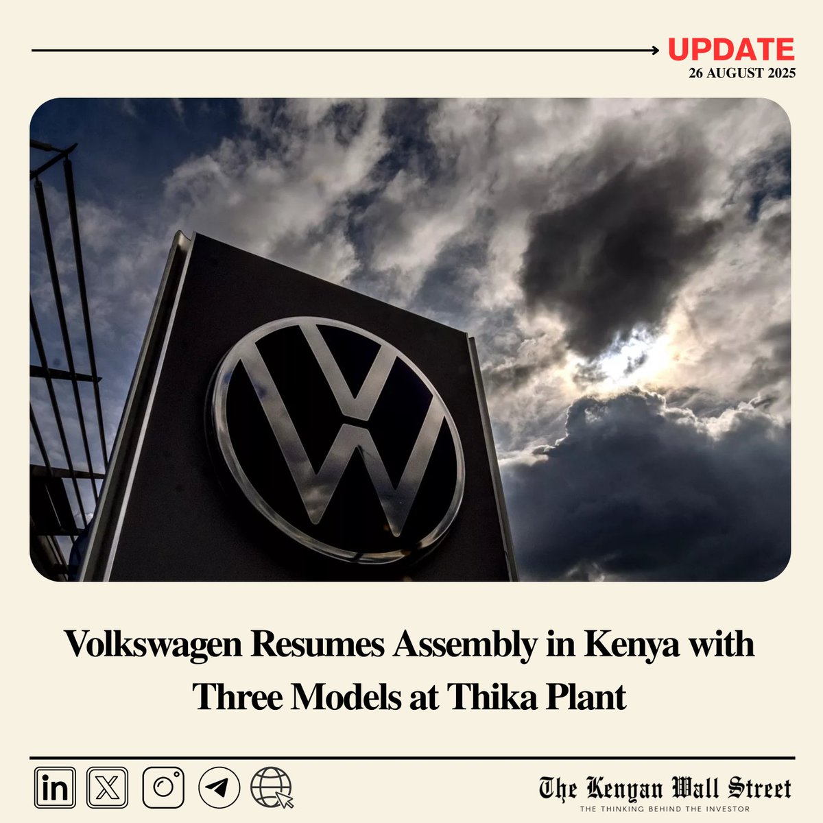 kenyanwalstreet's tweet image. Kenya Vehicle Manufacturers has restarted Volkswagen production in Thika, rolling out the Touareg, Tiguan and T-Cross in a renewed push to capture a market dominated by used imports.

The project, backed by CFAO Mobility Kenya, aims to boost local assembly, create jobs, and…