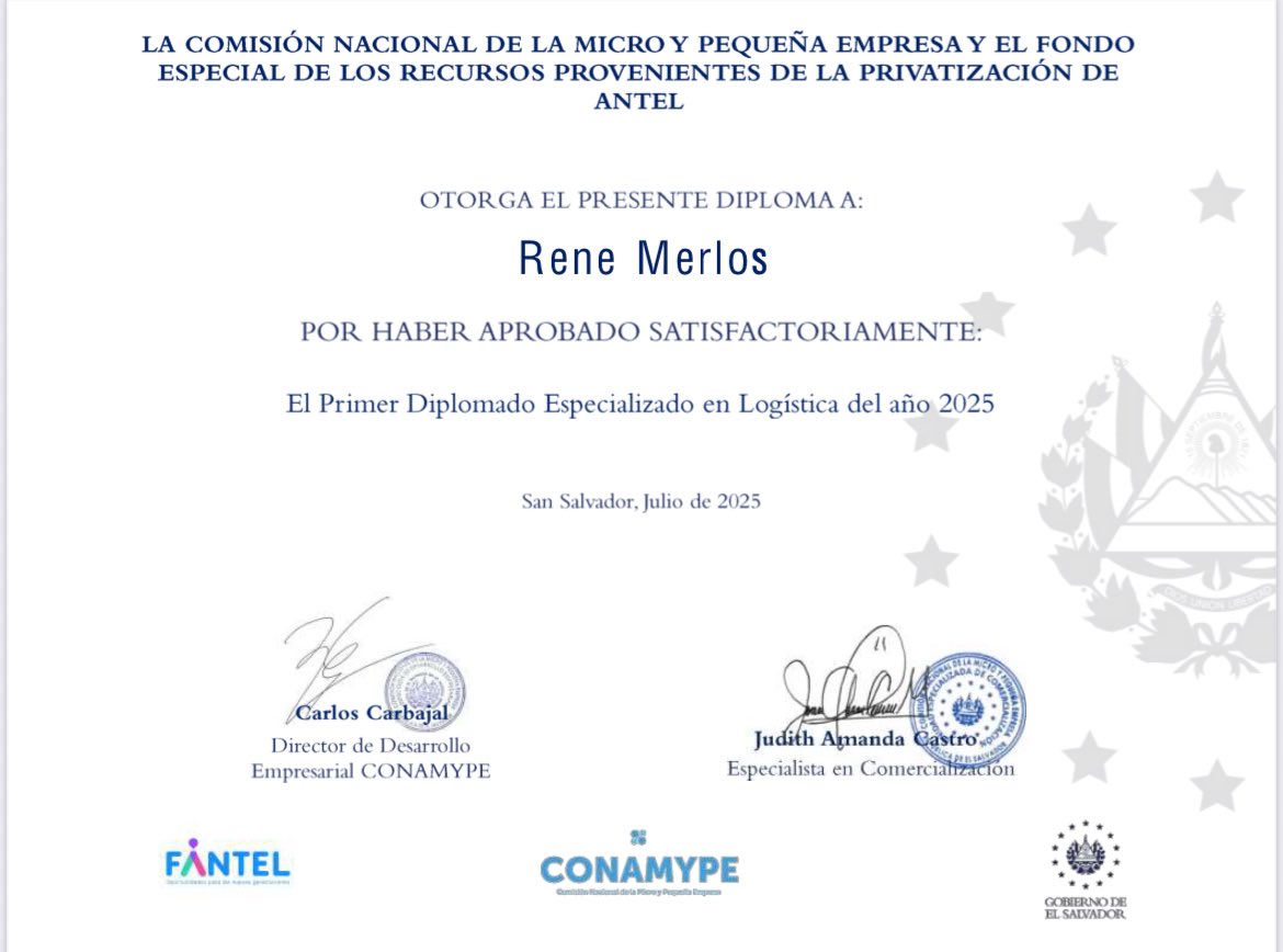 Orgulloso de culminar el Primer Diplomado Especializado en Logística 2025 🎓.
Gracias a <a href="/CONAMYPESV/">CONAMYPESV</a> y <a href="/promoitsa/">Promoitsa online hub</a> , seguimos fortaleciendo el camino de nuestras MYPEs salvadoreñas hacia los mercados internacionales 🌍✨.🚀 <a href="/PaulDSteiner/">Paul Steiner</a> <a href="/AdrianaMiraSV/">Adriana Mira</a> <a href="/cindyportal/">Cindy Mariella Portal</a> <a href="/JavierReyes_Sv/">Javier Helaman Reyes</a>